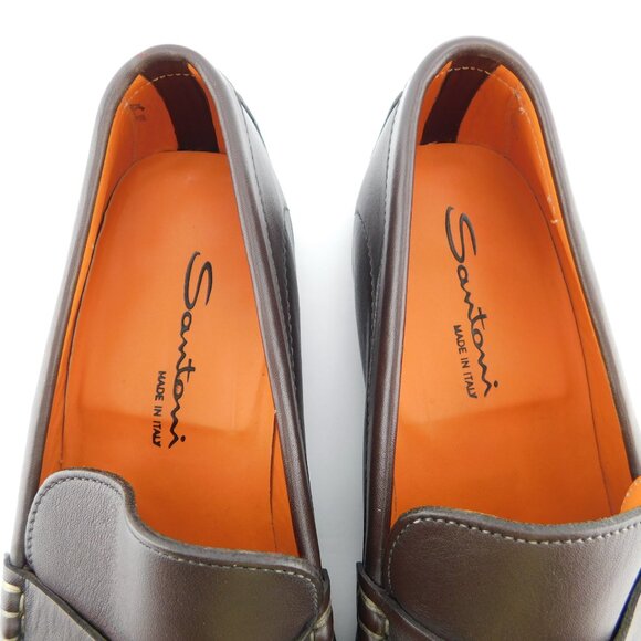New SANTONI Brown Leather Slip-on Penny Loafers 10 EE main image 4